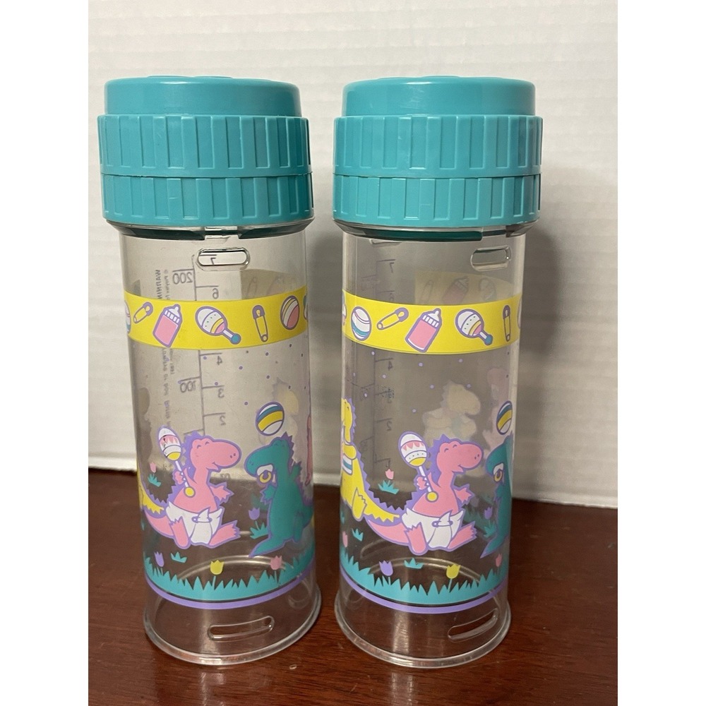 Vtg 1990s Playtex Nurser Drop-In 8 oz Baby Bottle Teal Green Cap Dinosaurs (2)